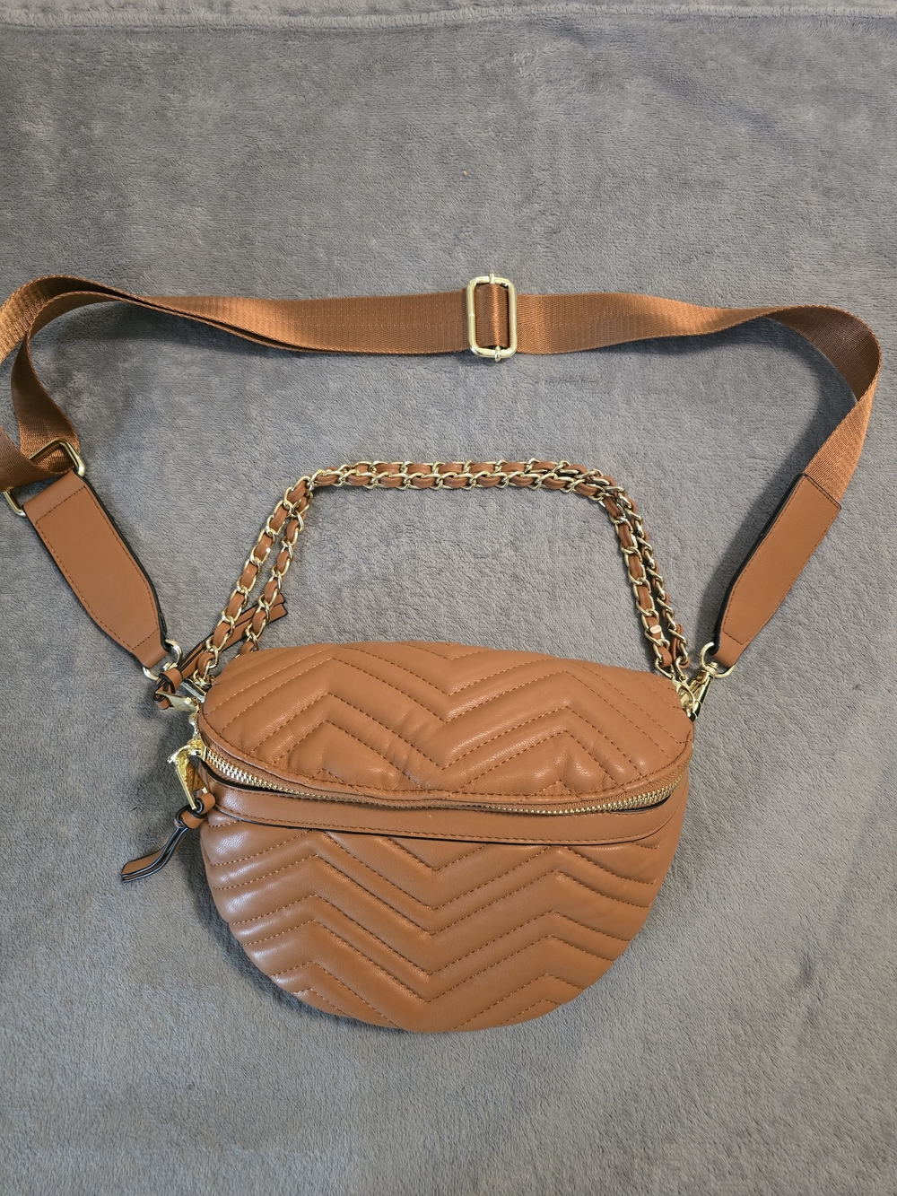 Tan/Brown Quilted Crossbody/Fanny Pack Belt Bag with Gold Chain Accents